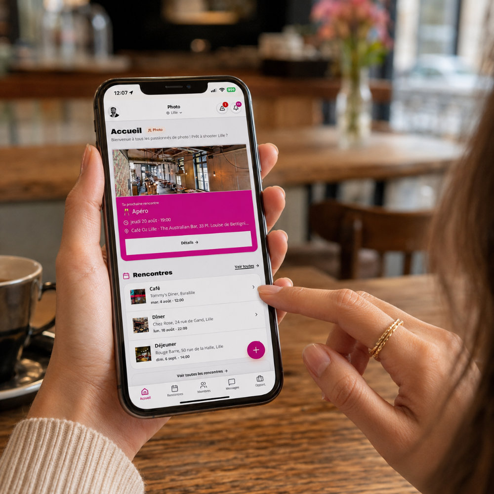 L'application Tabble.club dans une main, dans un café, avec les rencontres et les membres du club.