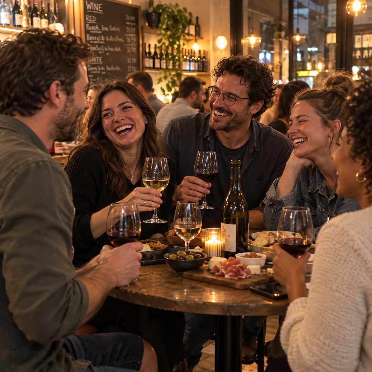 Un groupe d'amis réunis autour d'une table, en train de trinquer dans un restaurant